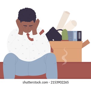 Fired office worker in depressed state. Frustrated dismissed employee, quitting job vector illustration