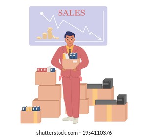 Fired office worker holding box with his things, flat vector illustration. Layoff, dismissal, unemployment, business failure.