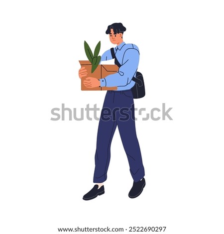 Fired office worker quitting, leaving work after layoff, job loss, dismissal. Unemployed person carrying cardboard box. Sad man, unemployment. Flat vector illustration isolated on white background
