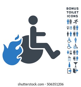 Fired Patient icon and bonus gentleman and female toilet symbols. Vector illustration style is flat iconic bicolor symbols, smooth blue colors, white background.