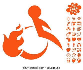 Fired Patient icon with bonus lovely symbols. Vector illustration style is flat iconic orange symbols on white background.