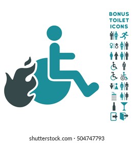 Fired Patient icon and bonus male and female WC symbols. Vector illustration style is flat iconic bicolor symbols, soft blue colors, white background.