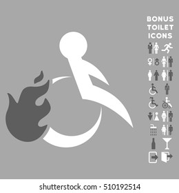 Fired Patient icon and bonus man and female toilet symbols. Vector illustration style is flat iconic bicolor symbols, dark gray and white colors, silver background.
