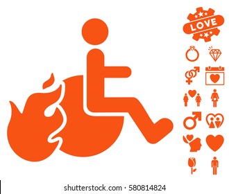 Fired Patient pictograph with bonus decorative pictures. Vector illustration style is flat iconic orange symbols on white background.