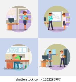 Fired people icon set. Vector flat illustration of sad dismissed former employees because of losing their jobs, employer pointing to the door. Laid-off office workers. Dismissal, unemployment concept.