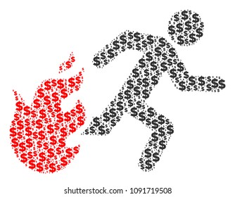 Fired running man composition of dollar symbols and circle dots. Vector dollar symbols are united into fired running man mosaic.