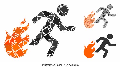 Fired running man composition of inequal pieces in variable sizes and shades, based on fired running man icon. Vector inequal pieces are grouped into mosaic.