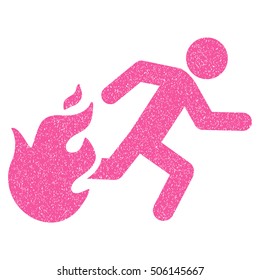 Fired Running Man grainy textured icon for overlay watermark stamps. Flat symbol with dust texture. Dotted vector pink ink rubber seal stamp with grunge design on a white background.