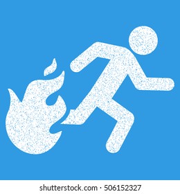 Fired Running Man grainy textured icon for overlay watermark stamps. Flat symbol with scratched texture. Dotted vector white ink rubber seal stamp with grunge design on a blue background.