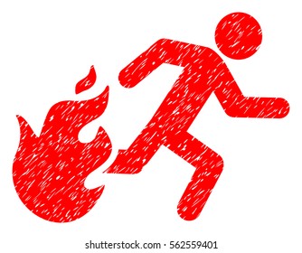 Fired Running Man grainy textured icon for overlay watermark stamps. Flat symbol with unclean texture. Dotted vector red ink rubber seal stamp with grunge design on a white background.