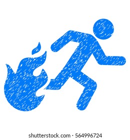 Fired Running Man grainy textured icon for overlay watermark stamps. Flat symbol with dust texture. Dotted vector blue ink rubber seal stamp with grunge design on a white background.