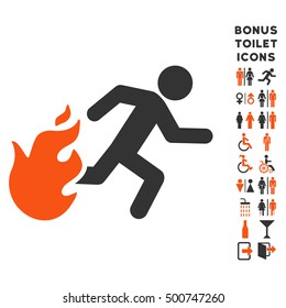 Fired Running Man icon and bonus man and lady restroom symbols. Vector illustration style is flat iconic bicolor symbols, orange and gray colors, white background.