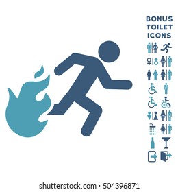 Fired Running Man icon and bonus male and lady toilet symbols. Vector illustration style is flat iconic bicolor symbols, cyan and blue colors, white background.