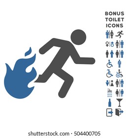 Fired Running Man icon and bonus man and woman WC symbols. Vector illustration style is flat iconic bicolor symbols, cobalt and gray colors, white background.