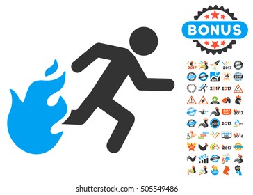 Fired Running Man icon with bonus 2017 new year clip art. Vector illustration style is flat iconic symbols,modern colors.