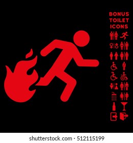 Fired Running Man icon and bonus man and lady toilet symbols. Vector illustration style is flat iconic symbols, red color, black background.