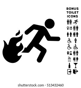 Fired Running Man icon and bonus male and woman lavatory symbols. Vector illustration style is flat iconic symbols, black color, white background.