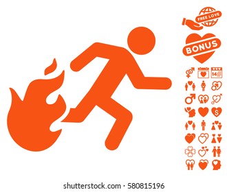 Fired Running Man icon with bonus passion pictures. Vector illustration style is flat iconic orange symbols on white background.