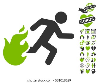 Fired Running Man icon with bonus dating pictures. Vector illustration style is flat iconic eco green and gray symbols on white background.