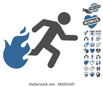 Fired Running Man icon with bonus decorative clip art. Vector illustration style is flat iconic cobalt and gray symbols on white background.