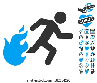 Fired Running Man icon with bonus romantic clip art. Vector illustration style is flat iconic blue and gray symbols on white background.