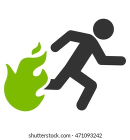 Fired Running Man icon. Vector style is bicolor flat iconic symbol with rounded angles, eco green and gray colors, white background.