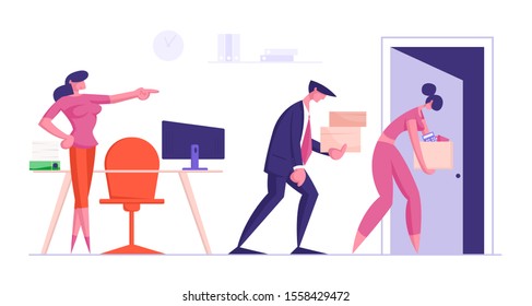 Fired Sad Business Man and Woman Carry Big Heap of Document Files in Boxes Leaving Office. Lady Boss Pointing on Door. Businesspeople Company Employees Going from Work. Flat Vector Illustration