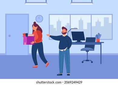 Fired sad employee leaving office place and carrying box with work things. Angry businessman dismissing unhappy worker flat vector illustration. Unemployment, layoff, job reduction concept