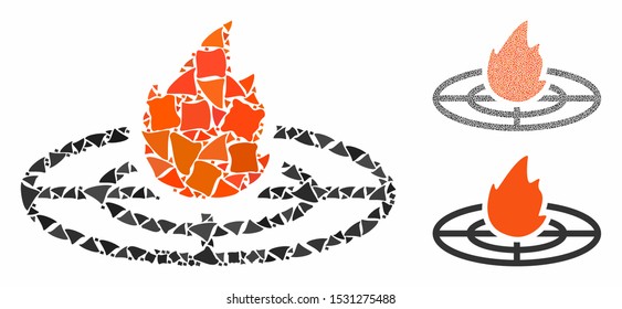 Fired target composition of rough pieces in different sizes and shades, based on fired target icon. Vector rough pieces are united into collage. Fired target icons collage with dotted pattern.
