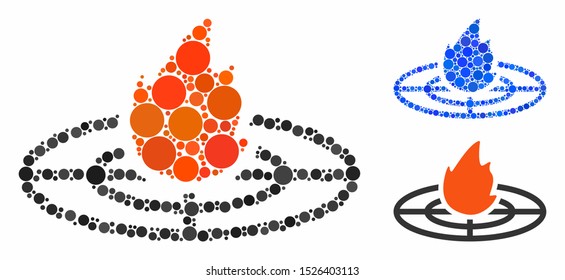 Fired target mosaic for fired target icon of spheric dots in different sizes and color tones. Vector dots are composed into blue mosaic. Dotted fired target icon in usual and blue versions.