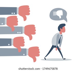 Fired upset businessman going to nowhere from many hands with thumbs down. Vector flat cartoon illustration