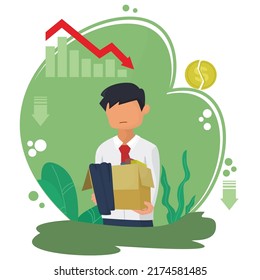 fired. vector employee holding a box with his things. flat cartoon characters isolated on white background. Vector illustration.
