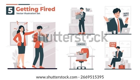 Fired vector illustration set employee being fired losing job, holding a box of office supplies with a worried expression, angry boss, receiving a termination notice, and sitting in a dismissed office