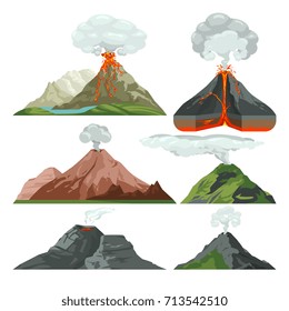 Montañas volcánicas incendiadas con magma y lava caliente. Erupción volcánica con el conjunto vectorial de nubes de polvo. Volcán con lava, roca de montaña volcánica con magma caliente ilustración