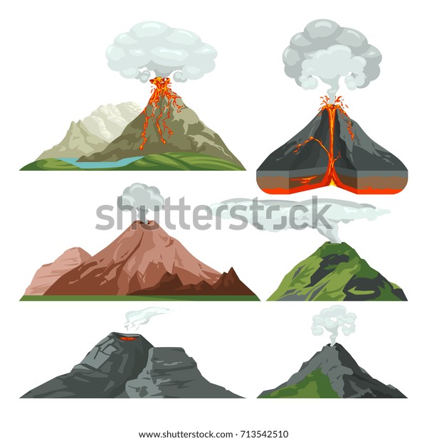 マグマと熱い溶岩で火山の山を焼き上げた ちり雲のベクター画像セットを持つ火山噴火 溶岩と火山 熱いマグマイラストの山岩 のベクター画像素材 ロイヤリティフリー