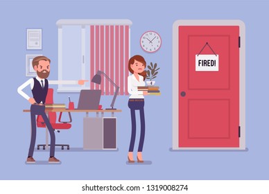 Fired woman and angry male boss. Manager removing girl, showing incompetent worker the door, dismisses female employee from job, lady leaving office workplace with personal things. Vector illustration