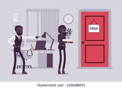 Fired woman and angry male boss. Manager removing girl, showing incompetent worker the door, dismisses female employee from job, lady leaving office workplace. Vector illustration, faceless characters