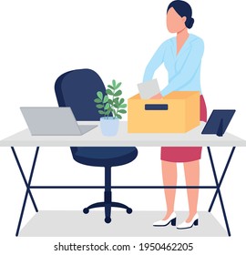 Fired woman collecting stuff flat color vector faceless character. Dismissed employee gathering stationery from work desk into box isolated cartoon illustration for web graphic design and animation