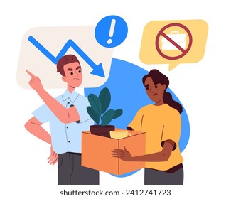 Fired from work concept. Angry boss with employee with cardboard box. Unemployed sad young girl with things, jobless person. Cartoon flat vector illustration isolated on white background