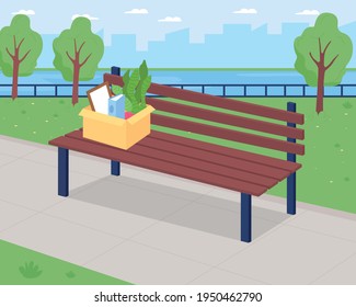 Fired from work flat color vector illustration. Cardboard box with stationery on bench outdoors. Dismissed employee belongings. Park 2D cartoon landscape with cityscape on background