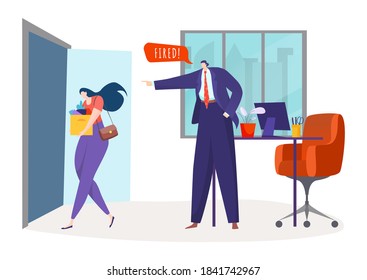 Fired from work office character, business manager people loss job and career, vector illustration. Boss fire sad worker, business unemployment. Jobless woman in stress about dismissal concept.