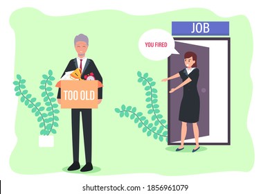Fired work vector concept: Old businessman leaving the office while carrying box in his hand
