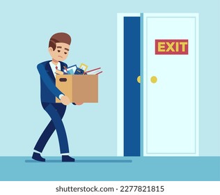 Fired worker leaves office with things in cardboard box. Sad jobless person, unemployment layoff people lost employment, career failure, economic crisis. Vector cartoon flat concept