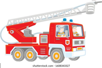 Fire-engine carrying firefighters and equipment for fighting large fires, vector cartoon illustration isolated on a white background