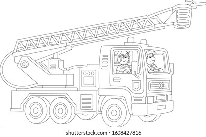 Fire-engine carrying firefighters and equipment for fighting large fires, black and white vector cartoon illustration for a coloring book page