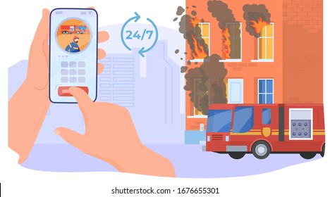 Firefight car, firefighters extinguish the house, flat vector illustration. Mobile app, talk center, web banner. 24 7 emergency service call center. Burning dwelling house, background of city.