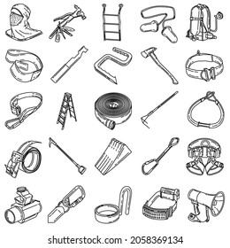 Firefighter Accessories and Equipment Device Hand Drawn Icon Set Vector.
