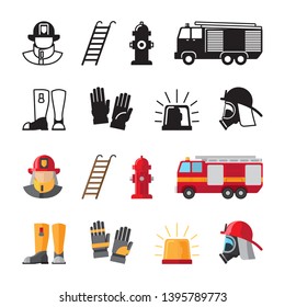 Firefighter accessorises, fireman tools vector icons isolated on white background. Illustration of fireman and helmet, accessories and tools for safety