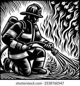 Firefighter in Action, battling the flames in a dangerous job, is depicted in this vector illustration stylized as a linocut