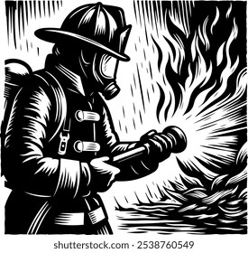 Firefighter in Action, battling the flames in a dangerous job, is depicted in this vector illustration stylized as a linocut